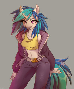 anthro anthrofied belt belt_buckle black_eyeshadow blue_eyes bottomwear buckle clothing eyeshadow female horn jacket makeup pants purple_eyes shirt solo tank_top topwear ponsex friendship_is_magic hasbro my_little_pony mythology vinyl_scratch_(mlp) equid equine mammal mythological_creature mythological_equine unicorn 2019 hi_res