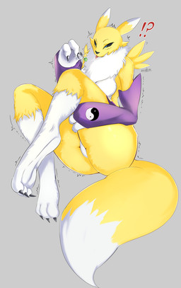 anthro bodily_fluids breasts butt candy chest_tuft dessert female food interrobang saliva saliva_string solo tuft skulkers bandai_namco digimon canid digimon_(species) mammal renamon absurd_res digital_media_(artwork) hi_res shaded