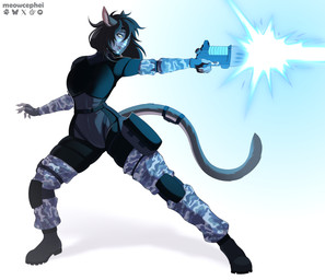 armor black_hair boots camo clothing female footwear gloves gun hair handwear happy mask plasma_gun plasma_pistol ranged_weapon shoes solo weapon wearing_mask yellow_eyes conditional_dnp meowcephei felid feline humanoid mammal 2025 hi_res