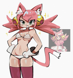 accessory animal_ears bell bra breasts cat_tail clothed clothing dipstick_tail fangs female female_humanoid glistening glistening_breasts gloves green_eyes hair hair_accessory hand_on_hip handwear inner_ear_fluff legwear markings medium_breasts open_mouth open_smile panties partially_clothed partially_clothed_female partially_clothed_humanoid pink_hair small_waist smile solo tail tail_markings teeth thigh_highs tied_hair tuft underwear white_clothing citrusflower25 deltarune undertale_(series) mad_mew_mew mew_mew_(undertale) pink_(deltarune) animal_humanoid felid felid_humanoid feline feline_humanoid humanoid mammal mammal_humanoid 2026 digital_drawing_(artwork) digital_media_(artwork) hi_res reference_image