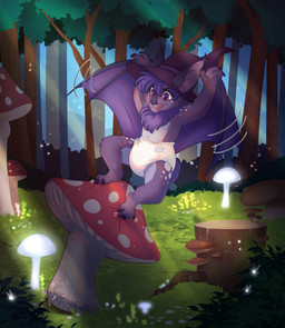 anthro clothed clothing diaper female flapping_wings flying forest fungus giant_mushroom grass hat headgear headwear magic_user mushroom picking_mushrooms plant solo stump tongue tongue_out tree wearing_diaper winged_arms wings witch witch_hat minettefraise aurora_the_bat bat mammal hi_res