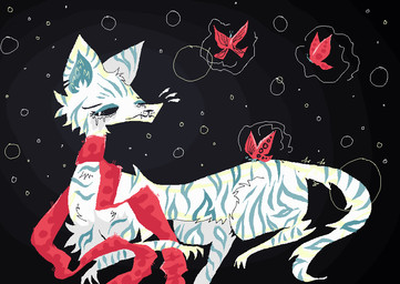 ambiguous_gender blue_stripes bubble feral fur lying on_front red_scarf scarf solo striped_body striped_fur stripes white_body white_fur naircat arthropod butterfly domestic_cat felid feline felis insect lepidopteran mammal 2017 digital_drawing_(artwork) digital_media_(artwork) microsoft_paint_(artwork)
