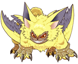 chibi claws feral fur grin long_ears male orange_eyes sharp_teeth smile solo teeth winged_arms wings yellow_body yellow_fur hachimituzuke bandai_namco digimon digimon_ghost_game digimon_(species) lamortmon monster