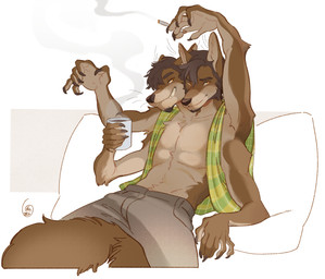 4_arms 6_fingers anthro beverage bottomwear cigarette clothed clothing container cup fingers male multi_arm multi_head multi_limb open_clothing open_shirt open_topwear pants pillow polydactyl reclining_pose shirt solo topwear oukaarts dom_(coyote-only) canid canine canis coyote mammal hi_res