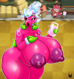 ambiguous_gender anthro areola big_areola big_breasts big_nipples black_ears black_sclera breasts cookie duo eating eyebrows eyeshadow female food green_eyebrows green_tail hair heart_symbol holding_food holding_glass holding_object huge_areola huge_breasts huge_nipples hyper hyper_breasts leaf leaf_arms leaf_hair leaf_tail logo looking_at_viewer makeup milk nipples not_furry_focus nude nude_female nude_humanoid outside pink_body pink_eyeshadow pink_inner_ear plant plant_hair pseudo_hair purple_areola purple_nipples siphon_(anatomy) slightly_chubby slightly_chubby_female slightly_chubby_humanoid tail thick_thighs three-quarter_view white_eyes white_hair mightyrach2006 electronic_arts plants_vs._zombies popcap_games elemental_creature elemental_humanoid flora_fauna humanoid peashooter_(pvz) plant_humanoid sweet_pea_(pvz) unknown_species 2026 artist_logo colored digital_media_(artwork) hi_res portrait shaded spanish_description three-quarter_portrait