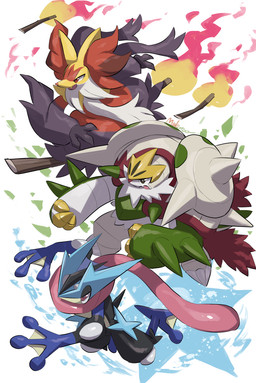 2_toes 3_fingers ambiguous_gender anthro biped blue_body feet fingers fire front_view fur grey_body grey_fur group inner_ear_fluff nude nude_ambiguous nude_anthro open_mouth pokemon_move red_body red_eyes red_fur simple_background smile teeth toes trio tuft water_shuriken makotoo nintendo pokemon pokemon_legends_z-a generation_9_pokemon mega_chesnaught mega_delphox mega_evolution mega_greninja pokemon_(species) 2025 digital_drawing_(artwork) digital_media_(artwork) hi_res
