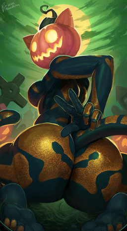 5_fingers anthro big_breasts big_butt breasts butt cemetery curvy_figure feet female fingers for_a_head glowing glowing_eyes holidays looking_at_viewer looking_back looking_back_at_viewer night outside pumpkin_head rear_view solo spread_legs spreading tail toes tombstone pajamamcham epic_games fortnite halloween spice_(fortnite) domestic_cat felid feline felis mammal object_head 2025 absurd_res dated digital_media_(artwork) hi_res