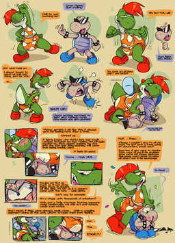 abstract_background angry anthro biped blood blue_boots blue_clothing blue_eyes blue_footwear blue_shell blue_speech_bubble blush bodily_fluids boots bracelet bulge clean_diaper clothed clothing collar cum cum_in_diaper dialogue diaper diaper_on_face duo embarrassed eyes_closed eyewear facesitting fight footwear genital_fluids green_body hair humiliation humping jewelry male male/male nosebleed onomatopoeia open_mouth orange_diaper orange_speech_bubble orgasm red_boots red_clothing red_footwear red_hair shell shoes simple_background sitting sitting_on_another sound_effects speech_bubble spiked_bracelet spiked_collar spikes sunglasses text unclean_diaper urine used_diaper using_diaper wearing_diaper wet_diaper wetting wetting_diaper wrestling crackajackin mario_bros mythology nintendo paper_mario paper_mario:_the_thousand_year_door shellshock_(paper_mario) the_great_gonzales_jr dinosaur dragon green_yoshi koopa koopa_troopa mythological_creature mythological_scalie prehistoric_species reptile scalie shady_koopa tortoise turtle yoshi 2021 absurd_res comic digital_media_(artwork) hi_res
