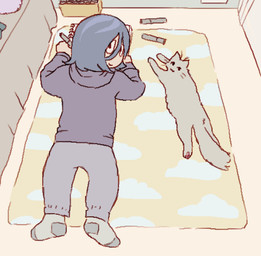 ambiguous_gender bed bottomwear clothed clothing detailed_background duo feral footwear fur furniture grey_body grey_fur grey_hair hair hoodie looking_at_viewer lying on_front pants pawpads socks sweatpants tail toony topwear whiskers homie_(artist) clinical_trial angel_martinez domestic_cat felid feline felis human mammal digital_media_(artwork) hi_res nonbinary_(lore)