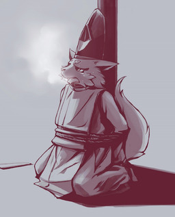 anthro asian_clothing bdsm biped bondage bottomwear bound breath cheek_tuft clothed clothed_anthro clothed_male clothing east_asian_clothing eboshi facial_tuft fur hakama half-closed_eyes hands_behind_back japanese_clothing kariginu kneeling male male_anthro narrowed_eyes open_mouth panting restraints rope rope_bondage simple_background solo steamy_breath tail tied_to_pole tired_eyes tuft 8aaccoo canid canine fox mammal 2016 monochrome sepia