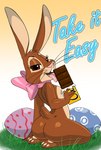 anthro bedroom_eyes butt candy chocolate chocolate_bar dessert easter_egg female food holidays kneeling licking looking_at_viewer looking_back mascot narrowed_eyes neck_bow pawpads seductive solo text tongue tongue_out aeolus06 cadbury easter cadbury_bunny lagomorph leporid mammal rabbit 2022 english_text hi_res