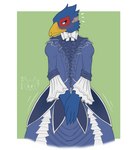 anthro blue_body blue_feathers blush clothed clothing crossdressing dress fashion feathers femboy fur hair looking_away male simple_background smile solo white_background malekart nintendo star_fox falco_lombardi avian 2023 absurd_res digital_drawing_(artwork) digital_media_(artwork) hi_res signature watermark