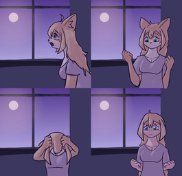 anthro anthro_to_human blonde_hair blue_eyes clothing female hair long_hair moon night reverse_transformation shirt solo species_transformation topwear transformation white_clothing white_shirt white_topwear tr1z sophia_(tr1z) domestic_cat felid feline felis human mammal werecreature werehuman absurd_res comic hi_res
