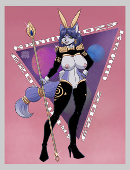 accessory anthro boots border bottomwear bunny_costume clothing colored_fingernails colored_nails costume female fingernails footwear furgonomics genitals gold_(metal) grey_border high_heeled_boots high_heels krystal's_staff loincloth nails nipples pasties pattern_background reverse_bunny_costume shoes shoulder_pads simple_background space staff tail tail_accessory vulva stogiegoatarts krystal_appreciation_month nintendo star_fox krystal_(star_fox) canid canine fox mammal digital_media_(artwork) hi_res