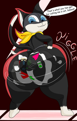 ambiguous_gender anthro belt belt_pouch big_butt black_body black_fur black_nose black_tail blue_eyes butt cartoon_physics dialogue dipstick_tail flattened flattening_fetish fur green_eyes green_pawpads green_tongue grey_body group huge_butt huge_thighs kerchief machine male malleable_body markings mask multicolored_body multicolored_fur neckerchief neckwear pawpads paws pink_inner_ear red_ribbon ribbons screen screen_face shortstack shortstack_male speech_bubble stuck_to_butt tail tail_markings text thick_thighs tongue trio whiskers white_body white_fur white_inner_ear white_paws white_tail_tip yellow_kerchief yellow_neckerchief yuuminion atlus megami_tensei persona_(series) persona_5 sega aigis_(thicc-feline) makoto_(thicc-feline) morgana_(persona) domestic_cat felid feline felis mammal protogen tuxedo_cat absurd_res english_text hi_res