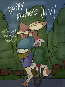 anthro big_breasts blush breasts brown_body clothed clothing egg female fez hat headgear headwear holidays huge_breasts mature_anthro mature_female multicolored_body outside partners plant size_difference standing text tree two_tone_body unicycle vehicle white_body yellow_body rockpankake mother's_day nara_(minty_flur) roi_(rockpankake) canid canine fennec_fox fox mammal miteling true_fox 2026 3:4 digital_media_(artwork) english_text hi_res father_(lore) mother_(lore) mother_and_father_(lore) parent_(lore)