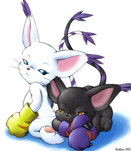 ambiguous_gender anthro black_body blue_eyes clothing duo ear_tuft eye_contact female fur gloves handwear kneeling looking_at_another lying markings on_front orange_eyes ring_(marking) ringed_tail simple_background striped_markings striped_tail stripes tail tail_markings thin_tail tuft white_background white_body white_fur karabiner bandai_namco digimon blackgatomon digimon_(species) felid gatomon mammal 2003 hi_res source_request
