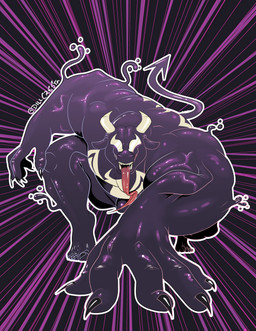 anthro belly big_chest big_hands bulge claws fangs feet horn male musclegut muscular muscular_anthro muscular_male solo tail teeth tongue vein veiny_muscles white_eyes dillcresta marvel venom_(marvel) bovid bovine cattle mammal absurd_res hi_res