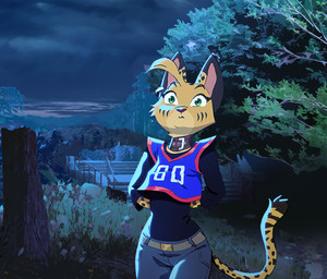 anthro bottomwear clothing collar denim denim_bottomwear denim_clothing detailed_background ear_piercing facial_markings female fur garden green_eyes hands_behind_back head_markings head_tuft jeans jersey long_sleeve_shirt long_tail markings night pants piercing plant pointy_ears pupils shirt slit_pupils solo spots spotted_body spotted_fur striped_markings stripes tail topwear tree tuft ruffu pepper_(ruffu) felid feline mammal serval digital_drawing_(artwork) digital_media_(artwork) portrait three-quarter_portrait