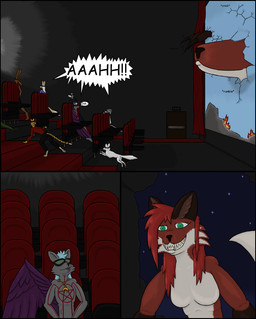 destruction female macro male micro open_mouth theater vore watching_movie narrsvans canid canine canis felid feline fox lagomorph leporid lizard mammal rabbit reptile scalie wolf comic story