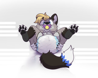 anthro clothed clothing diaper grin lying male object_in_mouth on_back pacifier pacifier_in_mouth presenting_diaper simple_background smile solo wearing_diaper scuzzyfox scuzzy_(scuzzyfox) absurd_res hi_res