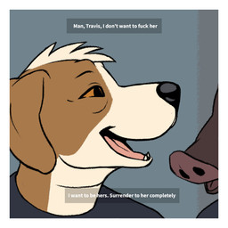 ambiguous_gender anthro black_clothing black_shirt black_t-shirt black_topwear border brown_body brown_fur brown_skin clothing dialogue duo fur multicolored_body multicolored_fur orange_eyes profanity shirt simple_background snout t-shirt text topwear two_tone_body two_tone_fur white_body white_border white_fur oystr jo_(oystr) markus_(oystr) ambiguous_species beagle canid canine canis domestic_dog hunting_dog mammal scent_hound 1:1 english_text hi_res