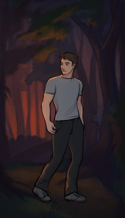 athletic athletic_human athletic_male biped bottomwear brown_eyes brown_hair clothing fingers footwear forest grass hair imminent_transformation male night outside pants plant plantigrade shirt shoes solo standing t-shirt topwear tree lawaros human mammal 2026 absurd_res digital_media_(artwork) hi_res shaded smaller_version_at_source warm_colors