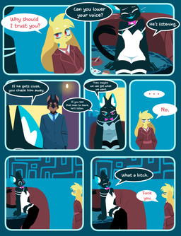 anthro black_body black_fur bow_tie breasts card cigarette clothing coat collared_shirt dialogue dress dress_shirt female fur furniture group heterochromia leg_warmers legwear necktie on_table playing_card profanity red_eyes shirt sitting sitting_on_table small_breasts suit table text topwear trenchcoat yellow_body yellow_eyes yellow_fur hydrabb canid canine canis dobermann domestic_cat domestic_dog felid feline felis lagomorph leporid mammal pinscher rabbit absurd_res comic english_text hi_res