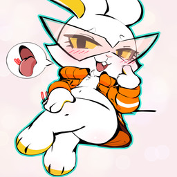 3_toes 4_fingers anthro black_eyes blue_outline blush blush_lines bottomless buckteeth cheek_tuft chest_tuft clothed clothing crossed_legs eyebrows eyelashes eyewear facial_tuft feet fingers fur glasses hand_on_leg jacket long_ears looking_at_viewer open_clothing open_jacket open_mouth open_smile open_topwear orange_clothing orange_jacket orange_topwear outline pink_background pink_nose red_tongue simple_background smile solo speech_bubble teeth teeth_showing toes tongue tongue_out topwear tsurime tuft white_body white_ears white_eyebrows white_fur yellow_body yellow_fur yellow_inner_ear yellow_sclera aka_leopard bombun bombun_(kekitopu) lagomorph leporid mammal rabbit 1:1 absurd_res hi_res pictographics