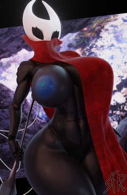 anthro areola big_breasts biped black_body breasts clothed clothing female glistening glistening_areola glistening_body glistening_breasts glistening_thighs holding_object monotone_body nipples no_pupils one_breast_out red_clothing solo text thick_thighs white_head wide_hips sfrogue samzan_(modeler) hollow_knight_(franchise) team_cherry hornet_(hollow_knight) arthropod 3d_(artwork) digital_media_(artwork) hi_res