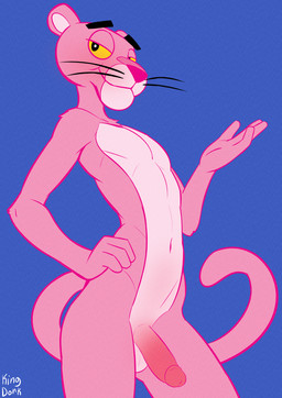 anthro balls femboy floating_eyebrows fur genitals looking_at_viewer male multicolored_body multicolored_fur penis pink_body pink_fur simple_background smile smiling_at_viewer solo two_tone_body two_tone_fur yellow_sclera kingdorkster pink_panther_(series) pink_panther felid mammal pantherine 2025 absurd_res hi_res
