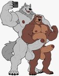 5_fingers anthro balls biceps big_balls big_muscles big_penis bodily_fluids brown_body brown_eyes brown_fur cellphone claws duo electronics erection fangs fingers fluffy fluffy_tail foreskin fur genitals grey_body grey_fur happy hug huge_muscles huge_penis humanoid_genitalia humanoid_penis looking_at_another looking_at_viewer male male/male musclegut muscular muscular_anthro muscular_male nipples nude open_mouth pecs penis phone photo short_tail simple_background size_difference smile sweat sweatdrop tail teeth text tongue vein worried yellow_eyes xyandrith bear brown_bear canid canine canis grizzly_bear mammal ursine wolf absurd_res hi_res