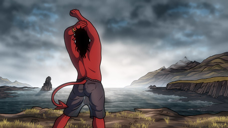 amazing_background anthro backsack balls beach big_balls black_hair butt clothed clothing cloud cloudy_sky detailed_background genitals hair horn long_hair male musclegut muscular outside partially_clothed pose red_body saggy_balls sea seaside sky slightly_chubby solo spade_tail stretching tail translucent translucent_clothing water kimero_kat azariel_santoro bovid bovine cattle demon mammal cel_shading detailed digital_media_(artwork) hi_res shaded