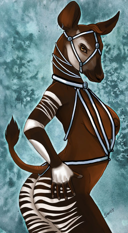 5_fingers anthro areola breasts brown_eyes female fingers harness looking_at_viewer nipples simple_background smile solo standing caribou_(artist) giraffid mammal okapi 2018