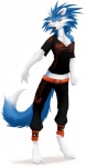 anthro black_clothing blue_body breasts cleavage clothed clothing embroidery female hair horn simple_background solo spiky_hair tail white_background hy_thegreykatt monster_rancher tecmo canid canine felid mammal tiger_(monster_rancher) 2010