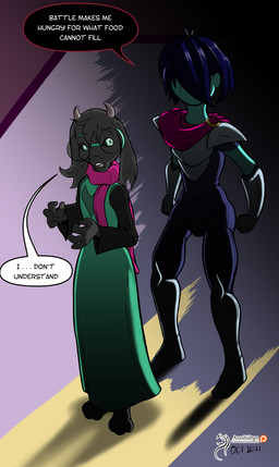 3_toes barefoot clothed clothing dialogue duo eyewear feet fur glasses hair horn male plantigrade scarf speech_bubble text toes arashidrgn deltarune undertale undertale_(series) kris_dreemurr ralsei bovid caprine darkner goat human mammal absurd_res english_text hi_res