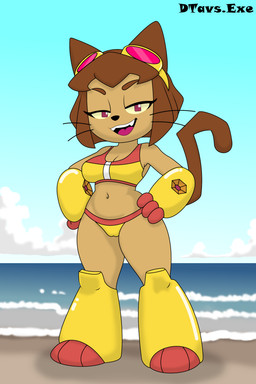 animal_ears animal_nose anthro bare_shoulders beach big_breasts bikini blue_sky bob_cut body_fur boots breasts brown_body brown_fur brown_hair camel_toe cat_tail cleavage clothed clothing cloud cloudy_sky crop_top day eyebrows eyewear eyewear_on_head fangs female footwear fur gloves goggles goggles_on_head hair half-closed_eyes hands_on_own_hips handwear happy horizon looking_at_viewer midriff narrowed_eyes navel open_mouth organs outside raised_eyebrow sand sea shirt shoes short_hair shortstack sky smile smug solo standing stomach swimwear tail teeth thick_eyebrows tinted_eyewear topwear two-piece_swimsuit upper_teeth_only water dtavs.exe gameoverse glitch_productions kit_bodega felid feline mammal 2:3 full-length_portrait hi_res portrait signature