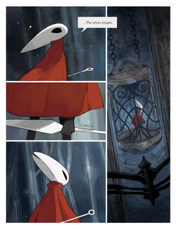 anthro biped black_body black_eyes cloak clothing detailed_background dialogue elevator empty_eyes female female_anthro holding_melee_weapon holding_object holding_sword holding_weapon hornet's_needle looking_up melee_weapon mouthless onomatopoeia red_cloak red_clothing solo sound_effects speech_bubble sword text weapon white_body darkdog hollow_knight:_silksong hollow_knight_(franchise) team_cherry hornet_(hollow_knight) arthropod 2025 absurd_res comic digital_drawing_(artwork) digital_media_(artwork) english_text hi_res
