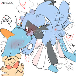 anthro anus black_body black_fur blue_body blue_fur blush bodily_fluids censor_bar censored_genitalia cum cum_in_vagina cum_inside cum_on_own_penis cum_on_penis cum_on_self cum_splatter digitigrade doggystyle dominant dominant_male duo ejaculation female female_on_bottom from_behind_position fucked_silly fur genital_fluids genitals heart_symbol male male/female male_on_top on_bottom on_top onomatopoeia penetration penile penile_penetration penis plantigrade plushie red_eyes sex simple_background sound_effects submissive submissive_female tail tail_motion tailwag teddy_bear text thrusting tongue tongue_out vaginal vaginal_penetration white_background sakaniyame nintendo pokemon generation_3_pokemon generation_4_pokemon humanoid kirlia pokemon_(species) riolu shiny_pokemon 1:1 censored digital_drawing_(artwork) digital_media_(artwork) hi_res japanese_text pictographics