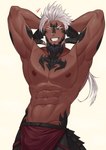 abs areola bodily_fluids eyebrows hair hands_behind_head horn male muscular muscular_humanoid muscular_male nipples one_eye_closed pecs smile solo sweat tail toumator18 final_fantasy final_fantasy_xiv square_enix animal_humanoid au_ra horned_humanoid humanoid scalie scalie_humanoid tailed_humanoid hi_res