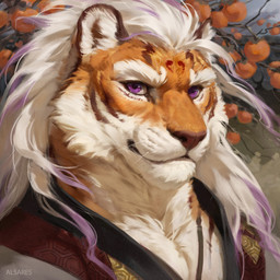 anthro clothing detailed_background food fruit fur hair highlights_(coloring) inner_ear_fluff jewelry looking_at_viewer male necklace orange_body orange_fur outside persimmon plant purple_eyes purple_highlights realistic solo topwear tuft whiskers white_body white_fur white_hair alsares felid mammal pantherine tiger 1:1 2025 bust_portrait detailed digital_media_(artwork) hi_res icon portrait