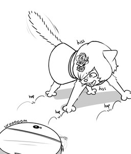 accessory angry anthro cleaning_tool clothing dress female flower flower_in_hair fluffy fluffy_tail hair hair_accessory hissing plant solo tail vacuum_cleaner catsockjus roomba bella_(catsockjus) felid feline mammal hi_res meme monochrome