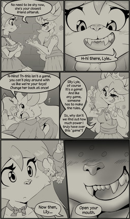 accessory anthro big_breasts blush blush_lines bow_ribbon bow_tie breasts buckteeth cat_tail claws clothing creepy_smile crown dialogue dominant dominant_female dress eyelashes female finger_claws flower flower_in_hair freckled_face freckled_shoulders freckles group hair hair_accessory headgear jewelry long_eyelashes long_hair looking_down maid_uniform male male/female mouse_tail necklace pawpads paws plant servant servants sharp_teeth shocked small_breasts smile tail tail_grab teasing teeth text toe_claws trio uniform muhny lily_(muhny) lyle_(muhny) princess_nino_(muhny) domestic_cat felid feline felis mammal mouse murid murine rodent comic english_text hi_res