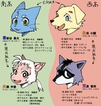 anthro blue_body blue_eyes blue_fur empty_eyes fur group kemono looking_at_viewer male mouthless open_mouth teal_eyes text white_body white_fur dark_ishihara aoniya_yuudai araizumi_funaka kaen_nakayoshi kaneinu_kosuke canid canine canis domestic_cat domestic_dog felid feline felis haplorhine mammal monkey primate procyonid raccoon hi_res japanese_text translation_check translation_request