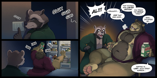 3_panel_comic 4_toes 5_fingers anthro balls black_text body_hair chest_hair clothing dialogue duo eggnog feet fingers foreskin genitals humanoid_genitalia humanoid_penis male male/male mature_anthro mature_male mostly_nude muscular muscular_anthro muscular_male open_mouth pawpads penis robe robe_only speech_bubble text toes weight_gain thepurp aldrich_haynes_(thepurp) hudson_(thepurp) felid mammal pantherine procyonid raccoon 2:1 absurd_res comic digital_media_(artwork) english_text hi_res