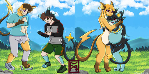 anthro before_and_after belly blush clothed_to_nude clothing clothing_loss duo female forced forced_transformation frown gender_transformation human_to_anthro male mid_transformation mtf_transformation nude outside pokemon_transformation pokemorph pregnant rapid_pregnancy species_transformation standing torn_clothing transformation transformation_sequence furminko27 nintendo pokemon felid feline generation_1_pokemon generation_4_pokemon luxray mammal pokemon_(species) raichu 2:1 absurd_res hi_res