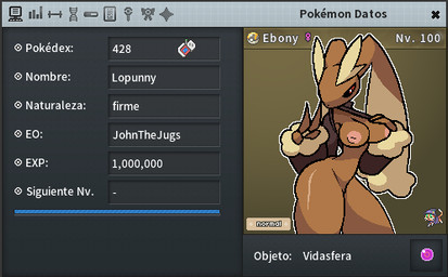 anthro breasts clothing female floppy_ears gesture hand_gesture jacket mostly_nude nipples solo text topwear v_sign wide_hips gonda nintendo pokemon generation_4_pokemon lagomorph leporid lopunny mammal pokemon_(species) rabbit digital_media_(artwork) low_res pixel_(artwork) spanish_text
