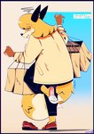 anthro blush clothing coat ear_piercing embarrassed female mature_female on_one_leg piercing shopping_bag standing topwear upset sonnyd61 mrs._mac_sionnach canid canine fox mammal absurd_res hi_res