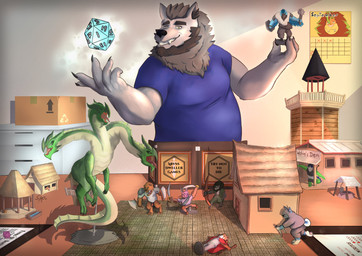 anthro brown_body clothing detailed_background feral green_body group humanoid_hands male overweight overweight_male shield shirt tail topwear weapon sato_leone dungeons_and_dragons hasbro mythology wizards_of_the_coast canid canine canis dragon lagomorph leporid mammal mythological_creature mythological_scalie rabbit scalie wolf 2021 absurd_res hi_res