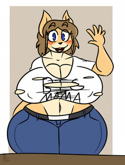 anthro big_breasts biped blue_eyes blush blush_lines breasts brown_hair cleavage clothed clothing collarbone countershade_face countershade_torso countershading female fur gesture hair huge_breasts looking_at_viewer midriff navel nipple_outline open_mouth open_smile shirt smile solo t-shirt tan_body tan_fur teeth text text_on_clothing text_on_shirt text_on_t-shirt text_on_topwear tooth_gap topwear torn_clothing torn_shirt torn_t-shirt torn_topwear waving waving_at_viewer kingretrokirby june_(jinu) canid canine canis domestic_dog mammal shiba_inu spitz 2022 english_description english_text hi_res
